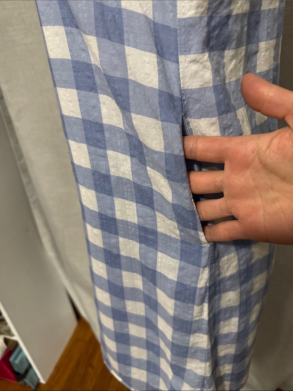 Like New-THML Dresz-Blue & White Gingham Check-Cotton/Rayon Blend-S-Lined-V Neck - Picture 6 of 14